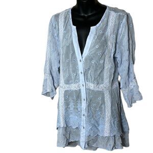 Kyla Seo sheer embroidered coquette bohemian fairycore top medium blue